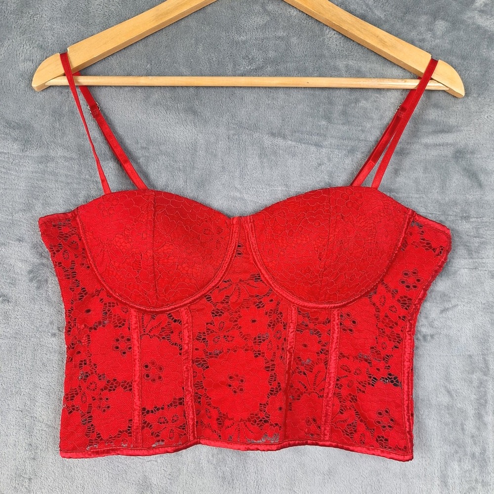 Womens Top XL Red Floral Lace Babydoll Y2K Corset Bustier Coquette Crop Fairy